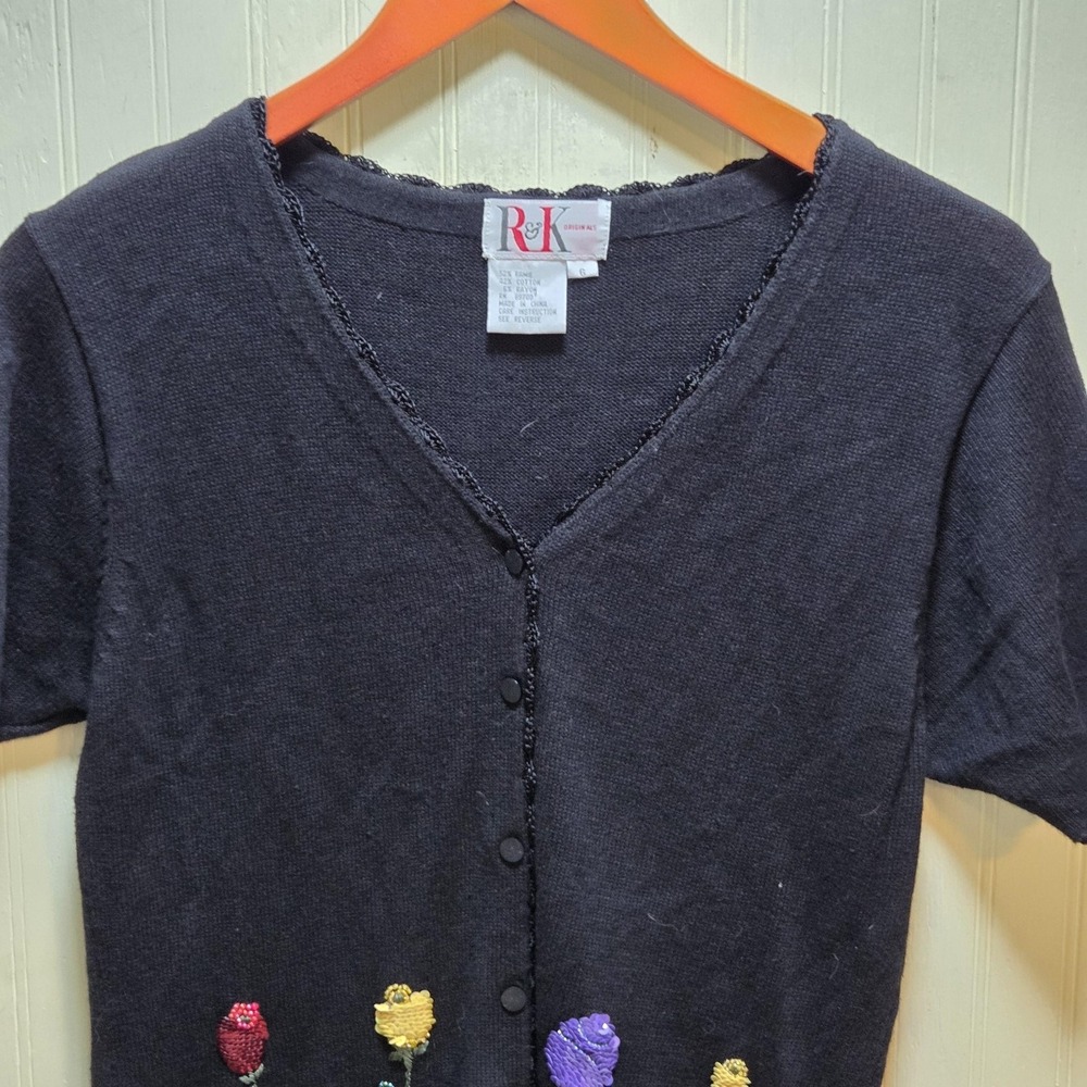 R&K Originals Cardigan Sweater Womens 6 Black V Neck Beaded Floral Short Sleeve